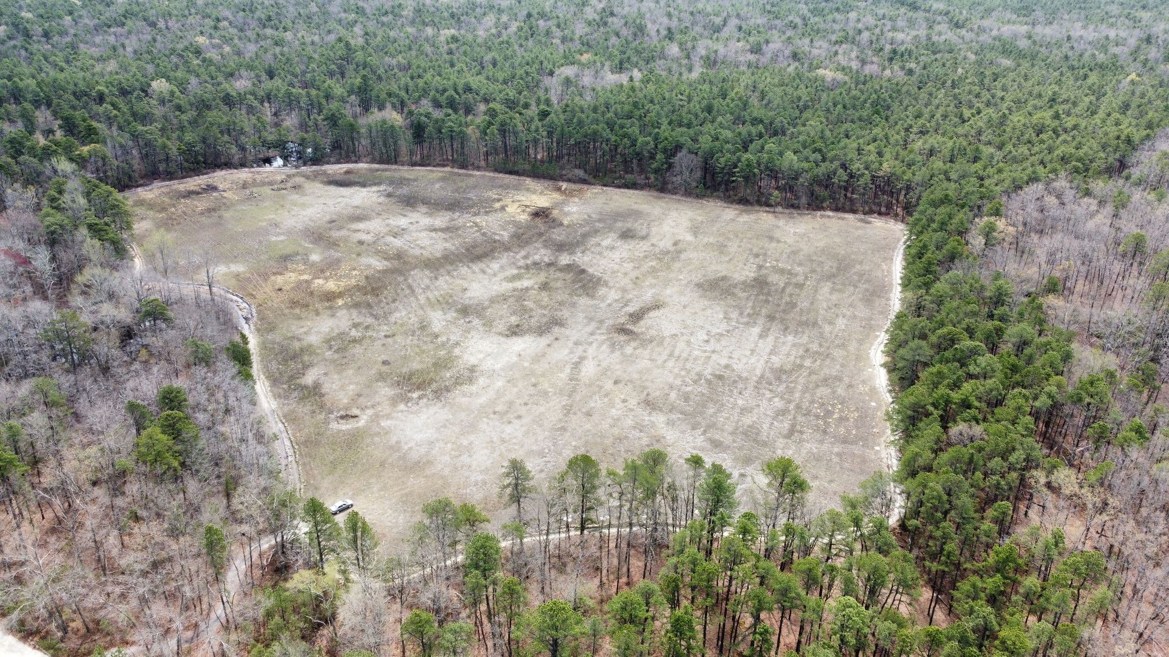 Illustrative aerial of open land bordered by trees, with example parcel geometry. Not an actual surveyed property.