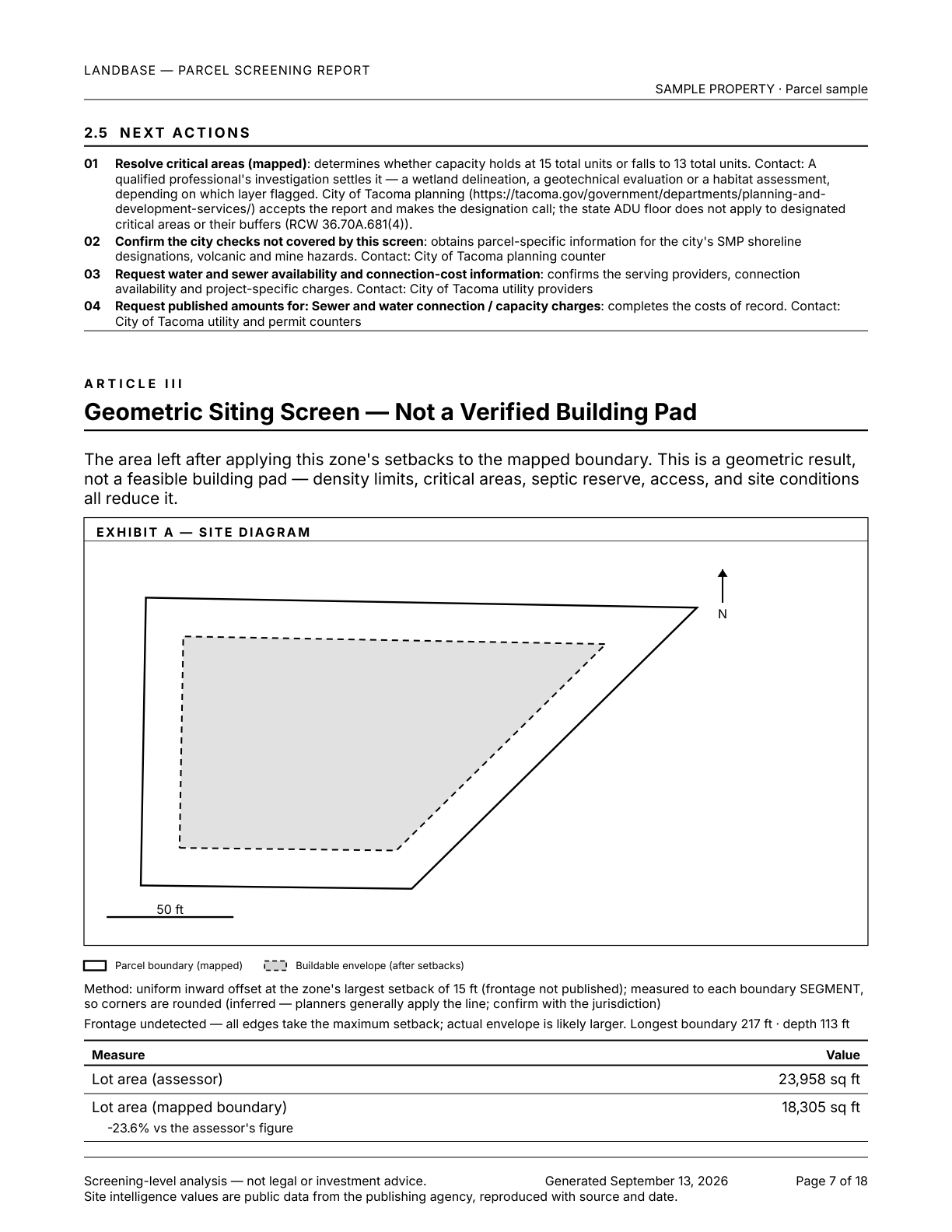 Complete sample report, page 7 of 18: Geometric siting screen.